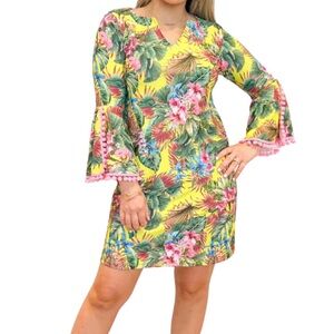 NWT Patti Biggs Barbara Summer Dress Tropical Print Pom Pom Trim